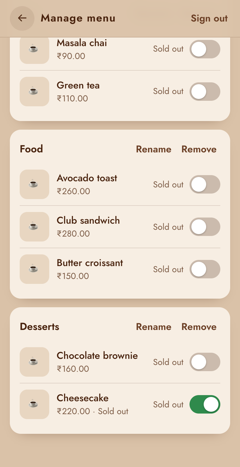 Manage menu: categories and items