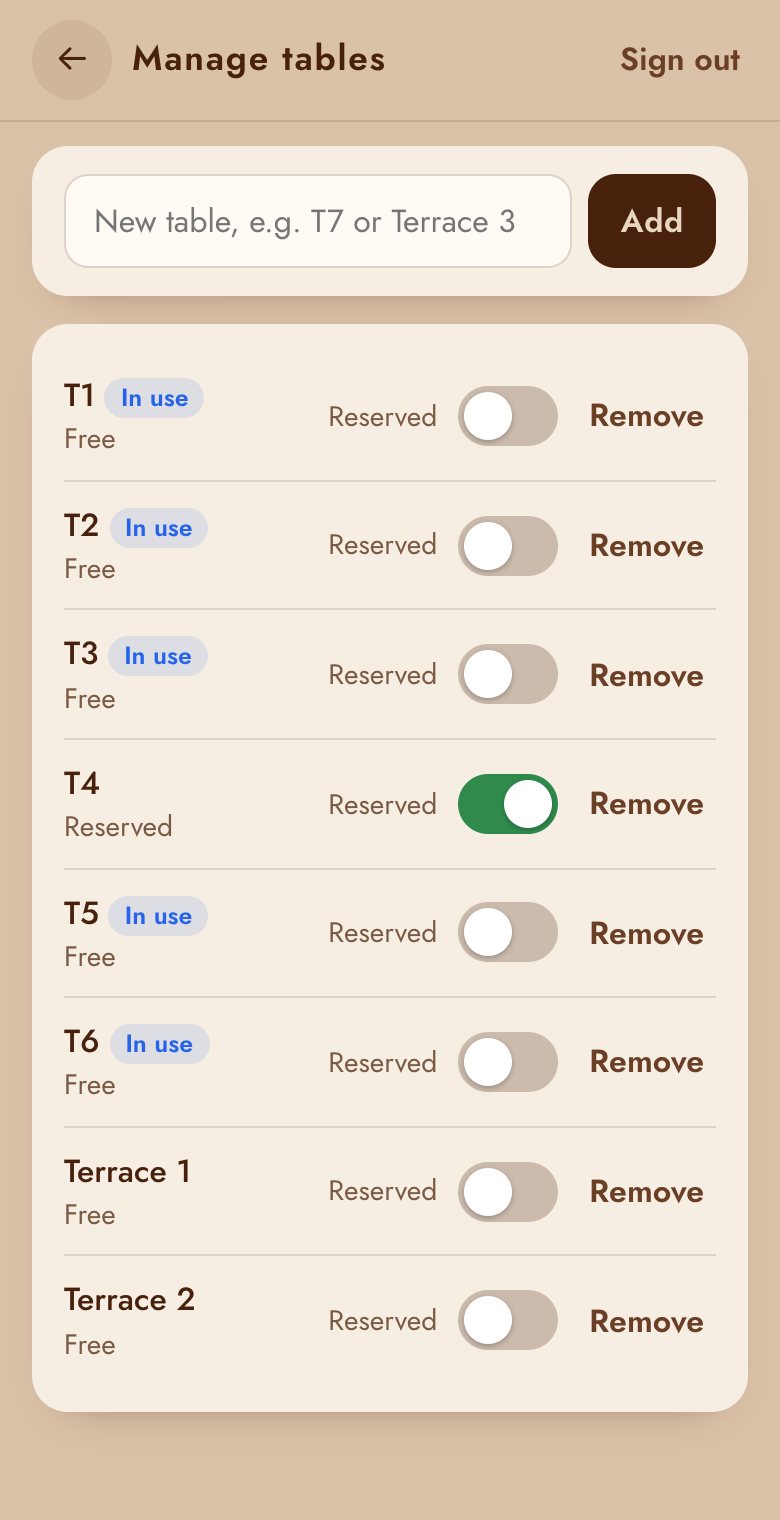 Manage tables