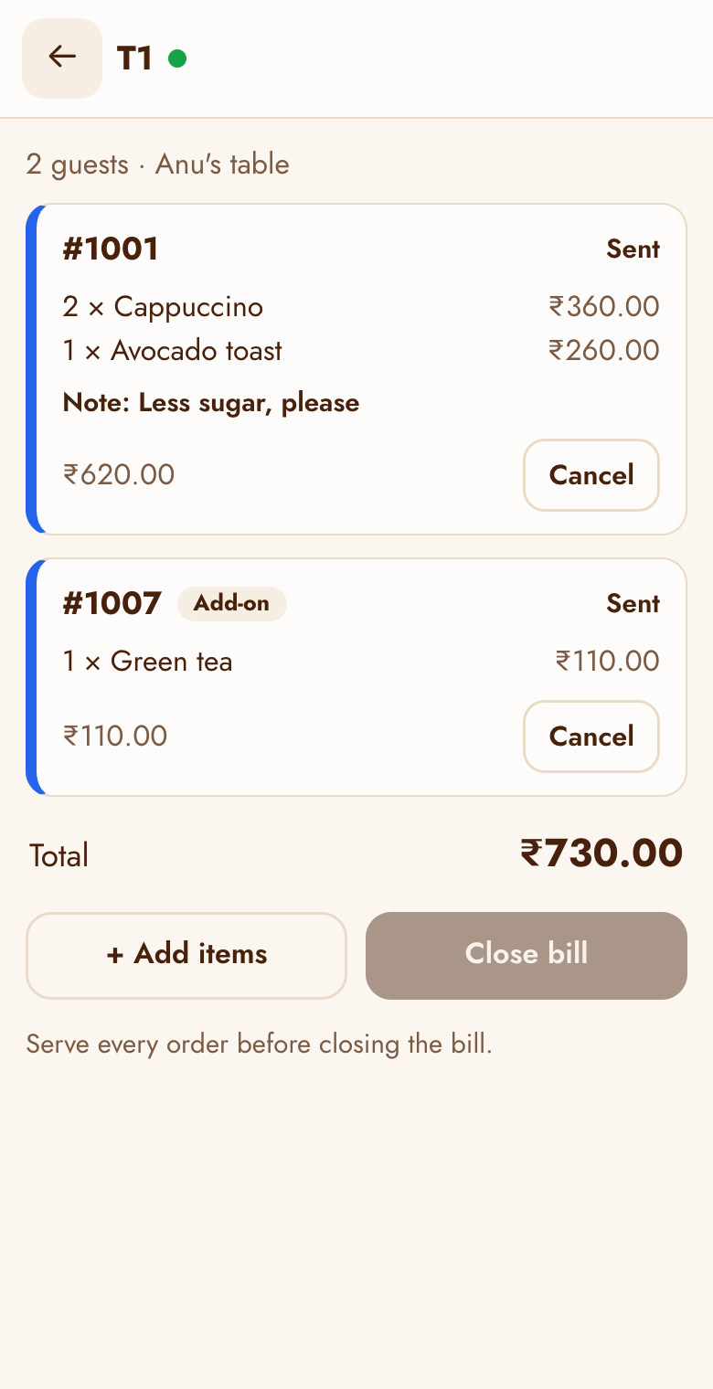 A bill with an order sent and an add-on